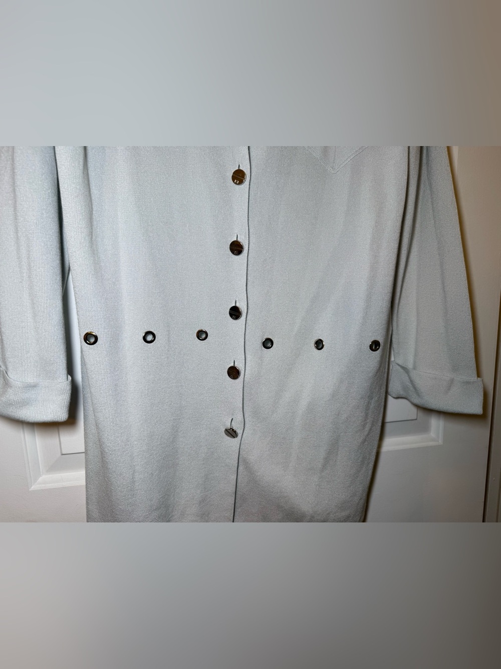 Escada Margaretha Ley Vintage Gray Buttoned Cardigan Large Silver Grommets Italy - Picture 8 of 16